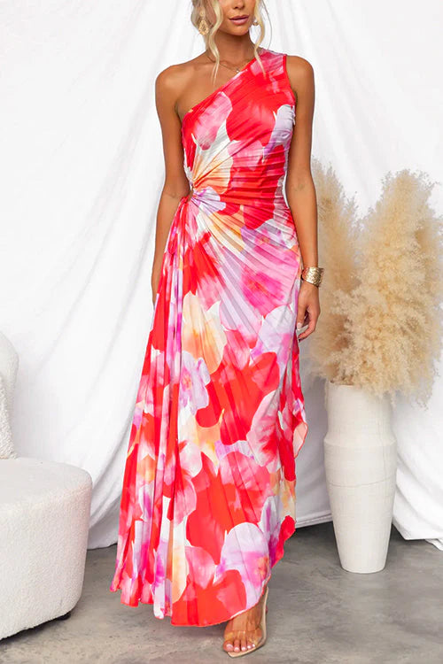 One Shoulder Sleeveless Print Asymmetric Maxi Pleated