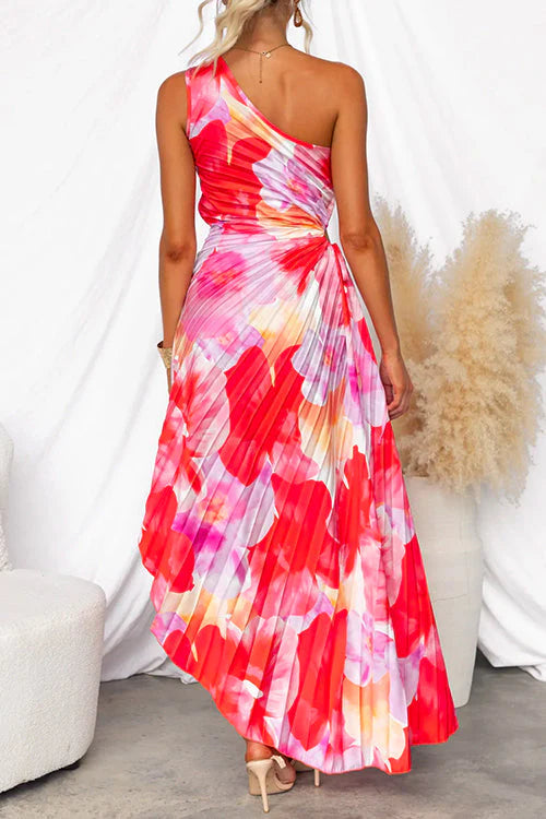 One Shoulder Sleeveless Print Asymmetric Maxi Pleated